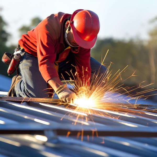 man welding metal roof material