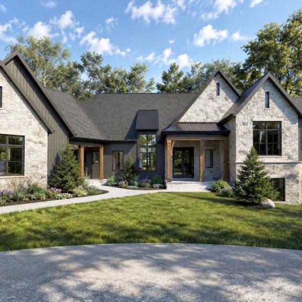 modern split-level exterior featuring stone and board & batten siding 