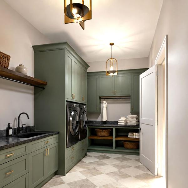 modern split-level laundry room located inside the primary bedroom closet