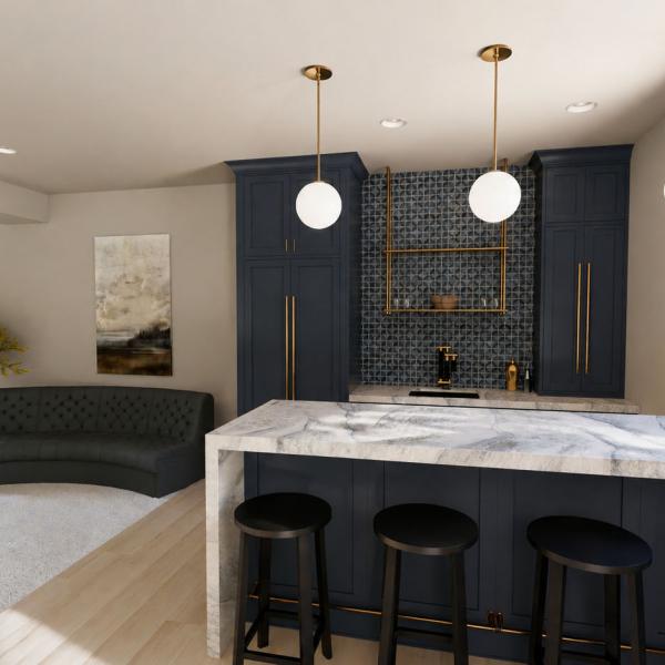 modern split-level lower level bar with island 