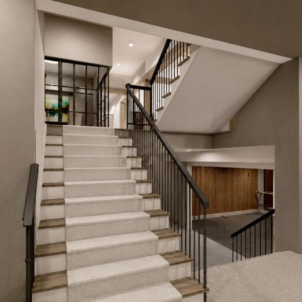 modern split-level staircase from lower level